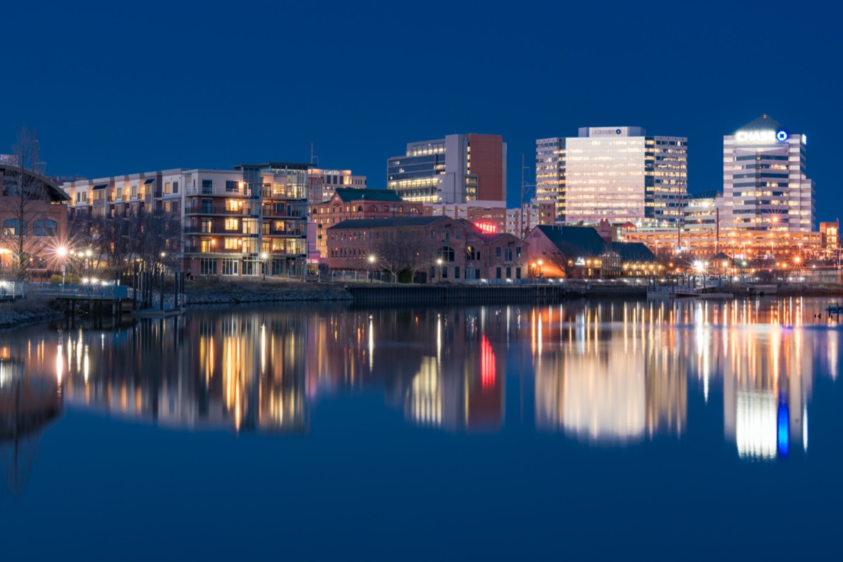 city skyline and Christiana River in Wilmington, Delaware