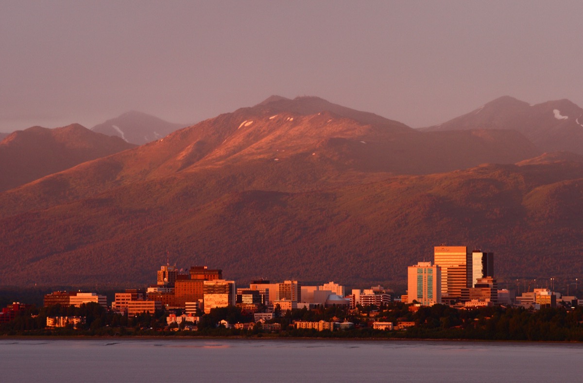 cityscape photo of mountains, buildings, and a river in Anchorage, Alaska