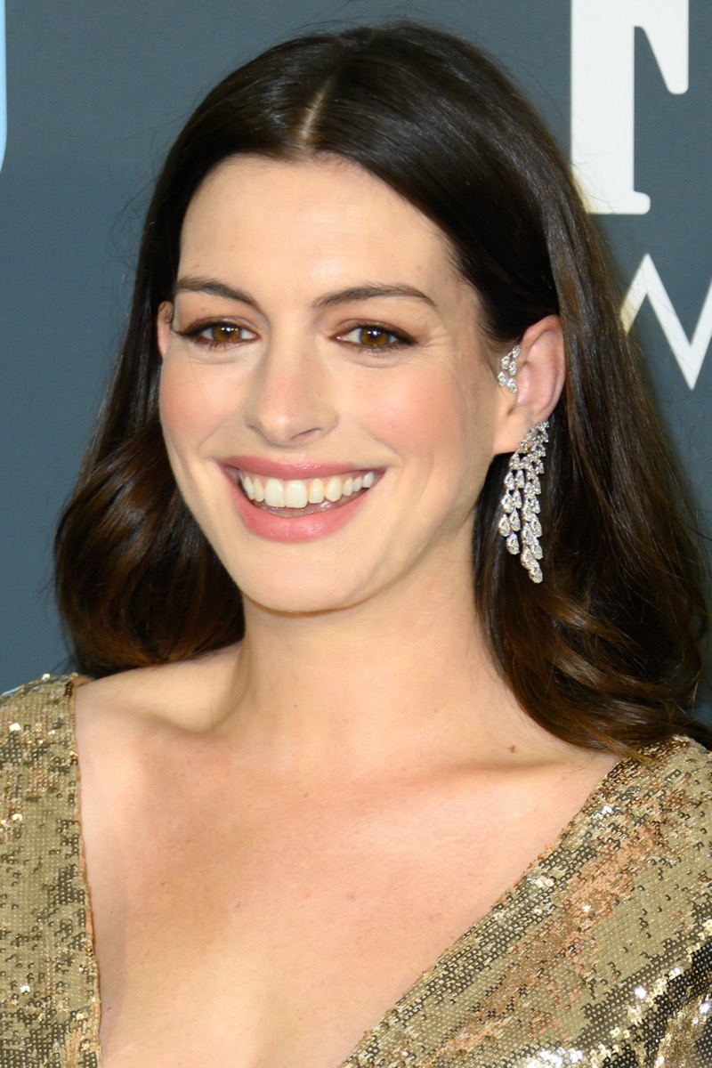 Anne Hathaway wears a gold dress at the 25th Annual Critics' Choice Awards in 2020 