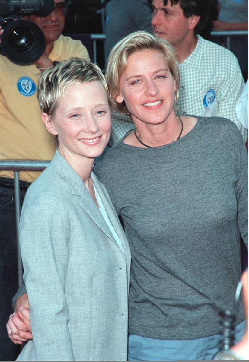Anne Heche wears a grey jacket and Ellen DeGeneres wears a grey shirt at the premiere of "Eyes Wide Shut" in 1999