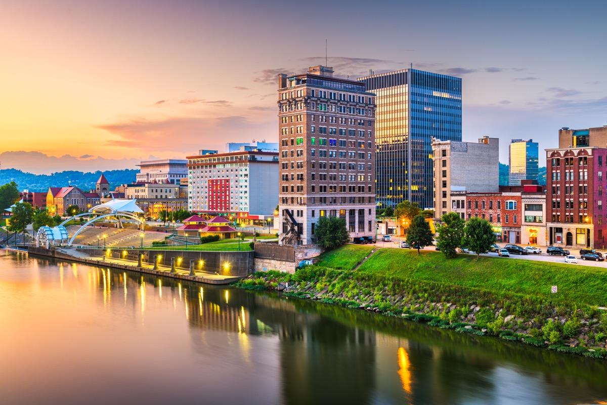 city skyline and river in downtown Charleston, West Virginia at dusk
