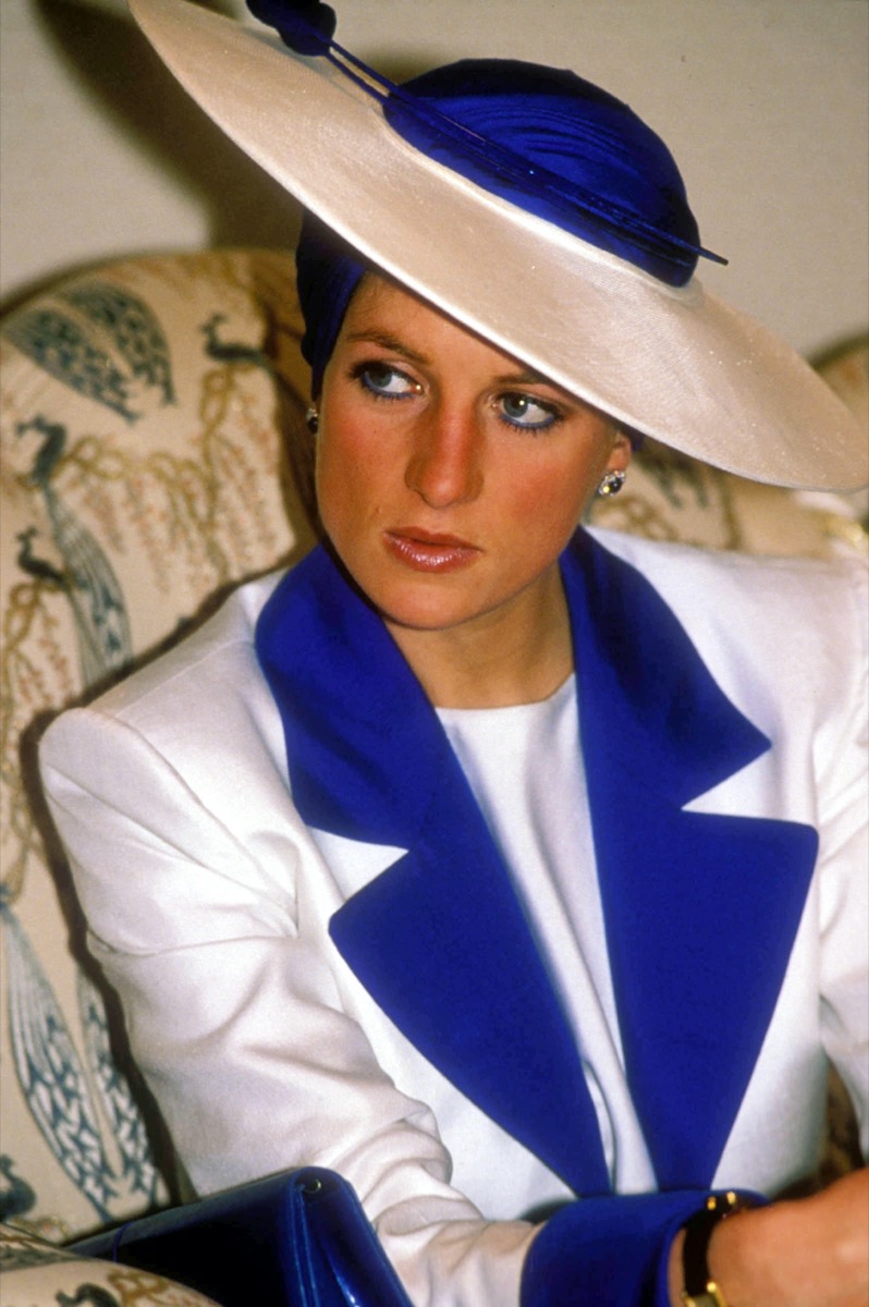Princess Diana in blue and white hate and jacket in 1989