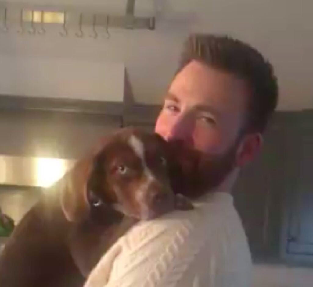 Chris Evans holding Aly Raisman's new puppy