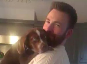 Chris Evans holding Aly Raisman's new puppy