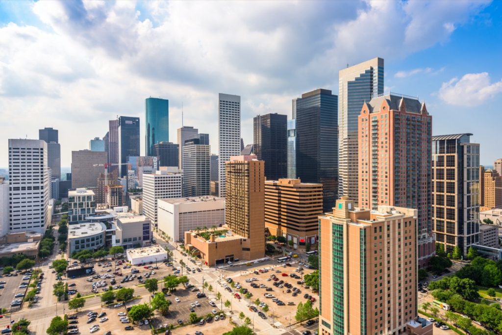 city skyline of and buildings in downtown Houston, Texas