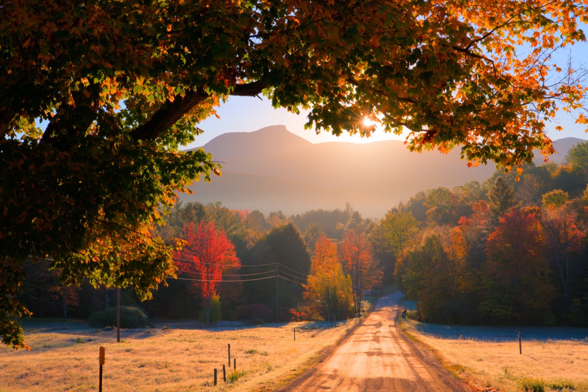 road and trees in front of a mountain in Huntington, Vermont at sunrise