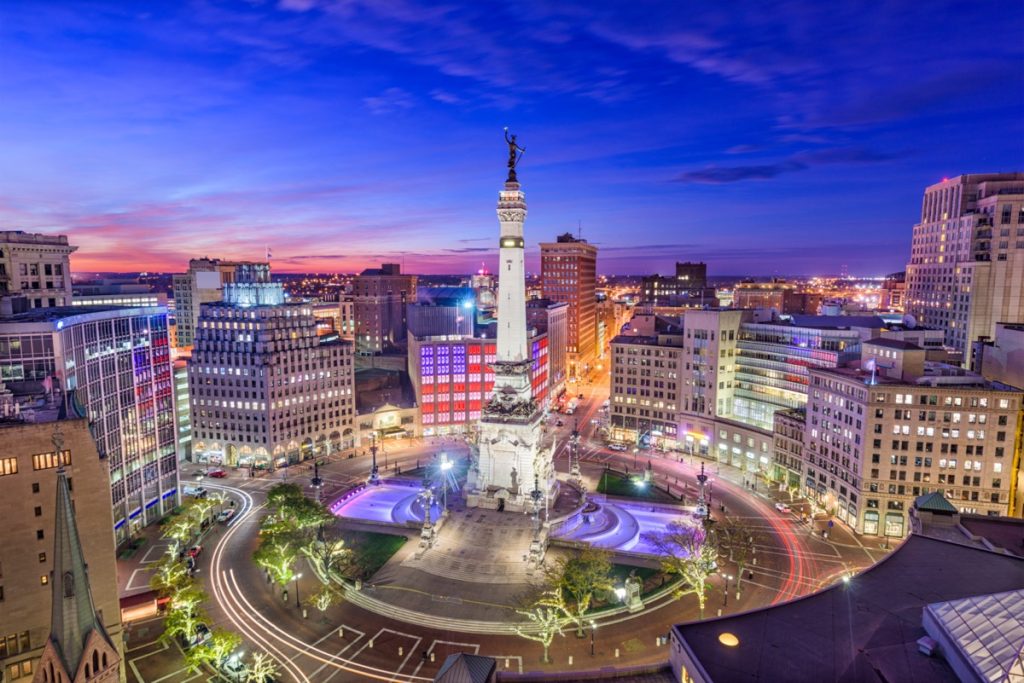 the Monument Circle and downtown area of Indianapolis, Indiana at night