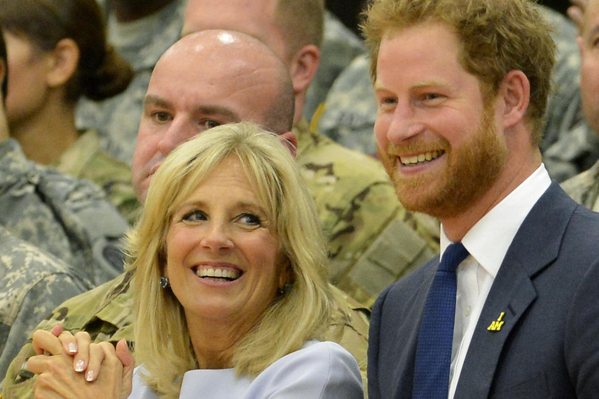 Prince Harry and Dr. Jill Biden stand at the conclusion of a basketball game by wounded service members, October 28, 2015, at Ft. Belvoir, Virginia. The event is a celebration of the Joining Forces Initiative and the upcoming 2016 Invictus Games in Orlando, Florida, in which wounded military personnel compete in sporting competitio