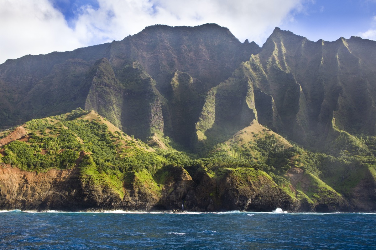 landscape photo of the coastline of Na Pali Coast and mountain in Kauai, Hawaii