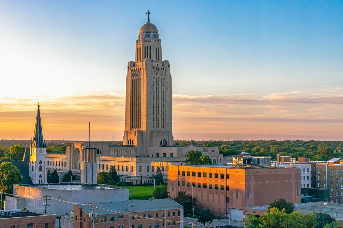 Nebraska State Capitol and downtown Lincoln, Nebraska at sunrise