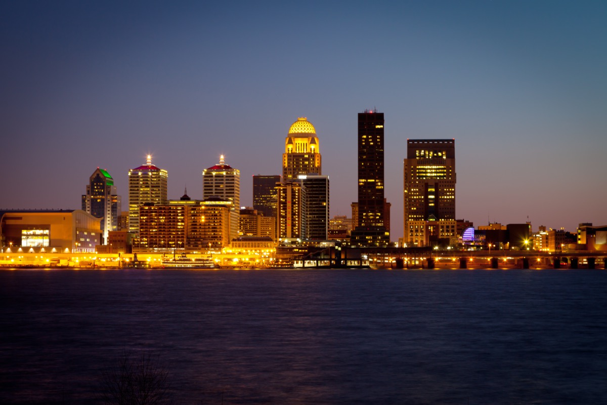 cityscape photo of a river and buildings in Louisville, Kentucky at night