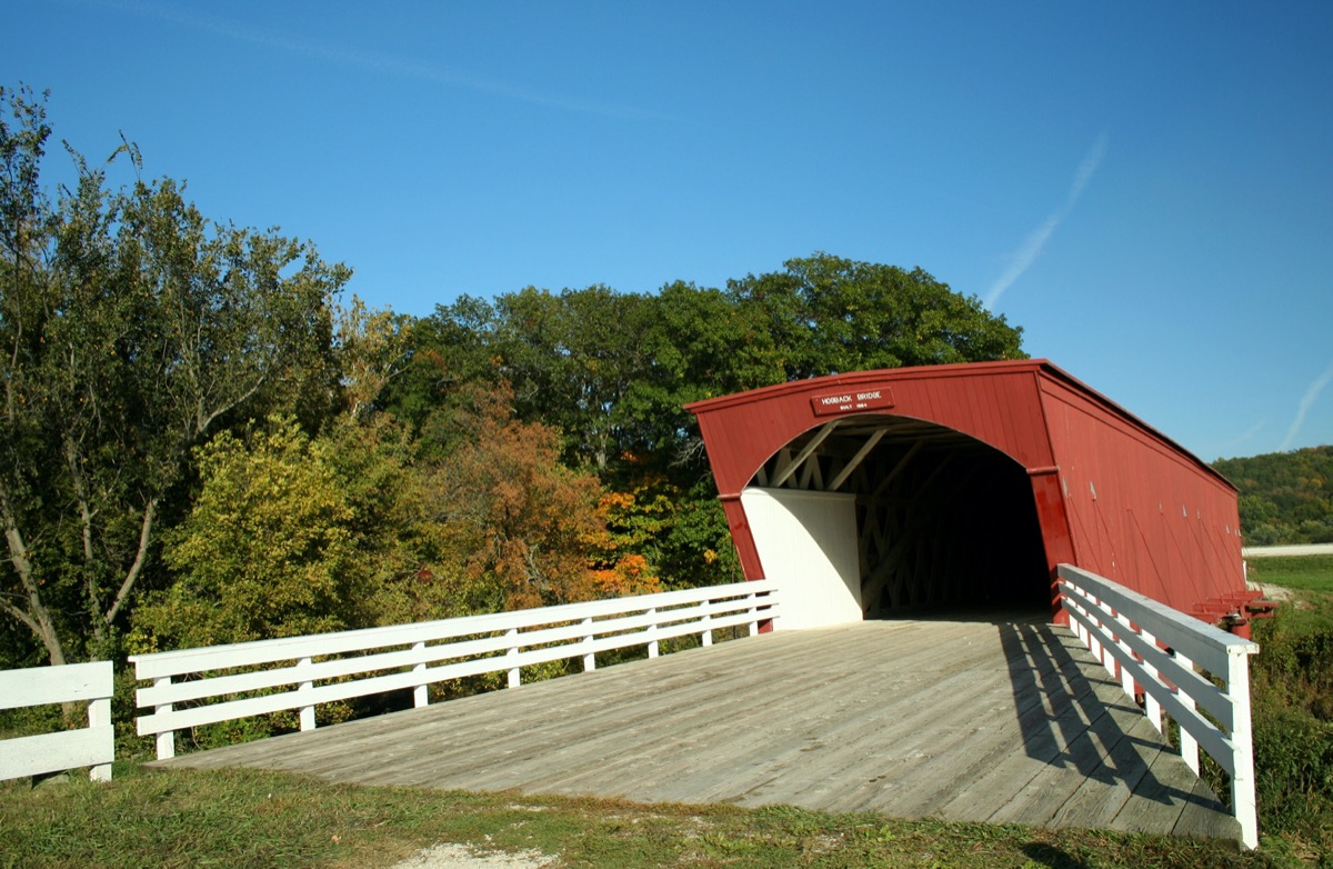 Hogback Cover Bridge and trees in Madison County, Iowa
