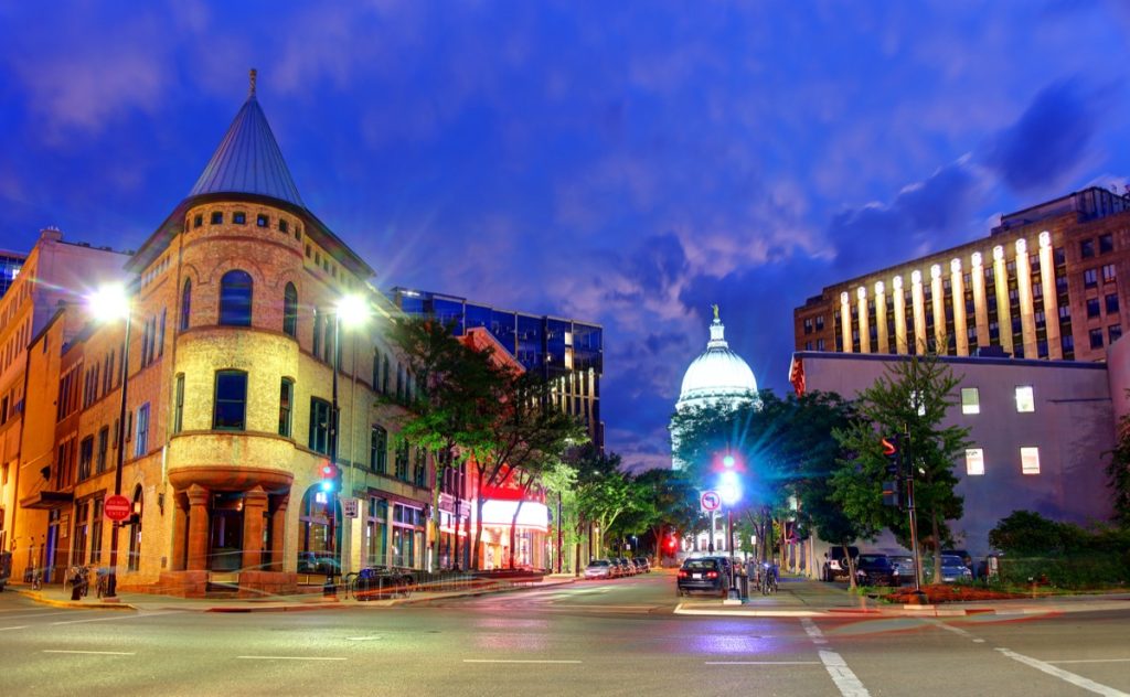 the downtown area of Madison, Wisconsin at night