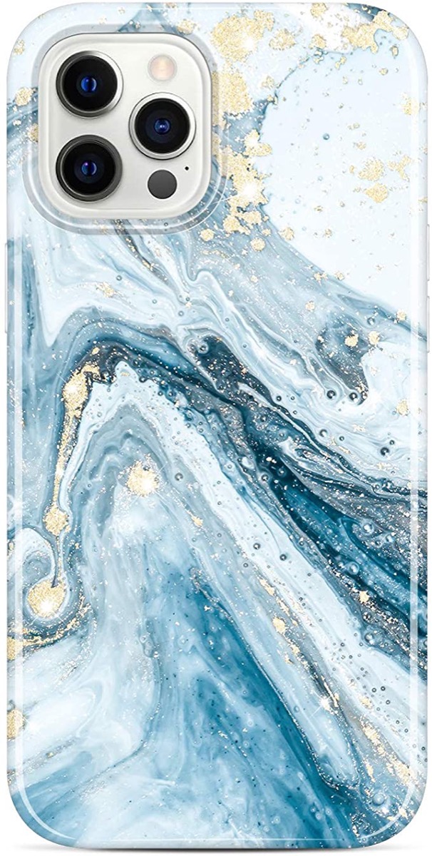 blue marble inspired iphone case with gold flecks