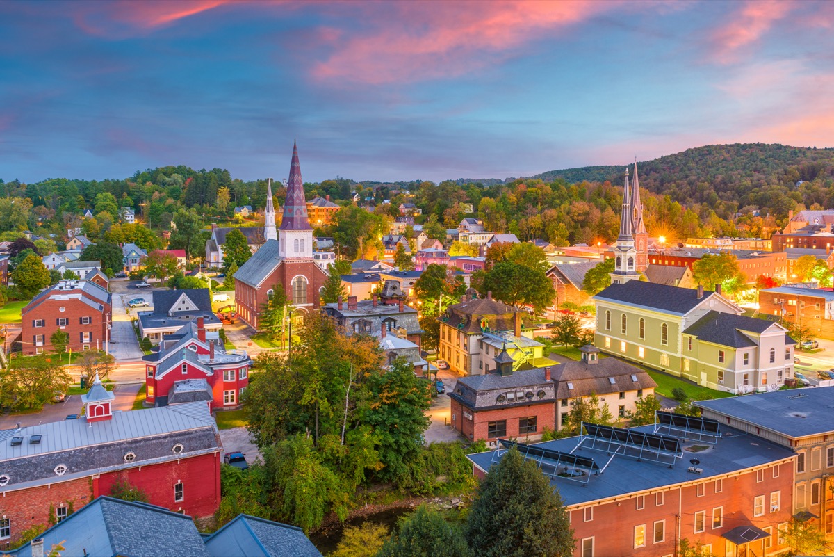 city skyline and buildings in Montipelier, Vermont at twilight