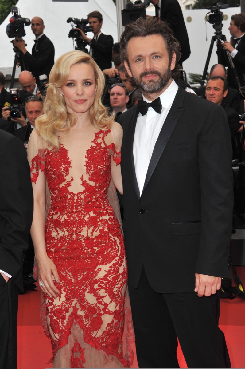 Rachel McAdams wears a red dress and Michael Sheen wears a black suit at the premiere of "Midnight in Paris" in 2011