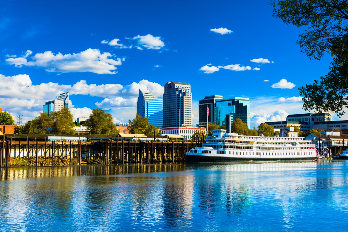 riverboat in and city skyline of downtown Sacramento, California