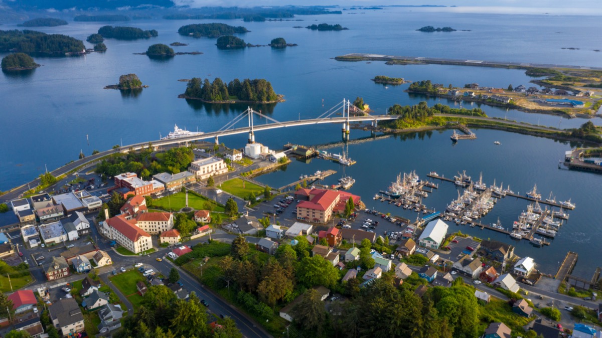 photo taken by a drone of the downtown area of Sitka, Alaska