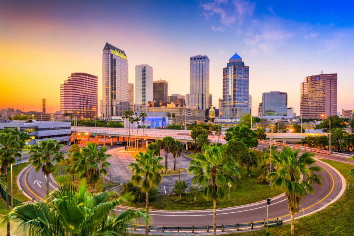 cityscape photo of a roundabout and buildings in Tampa, Florida at sunset