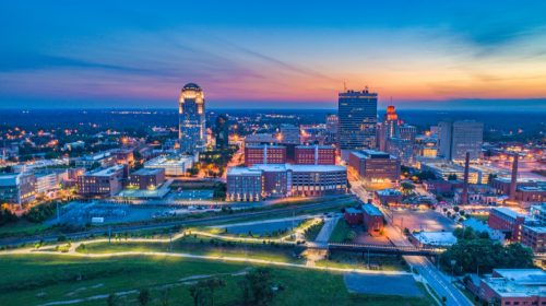 cityscape photo of downtown Winston-Salem North Carolina at dusk