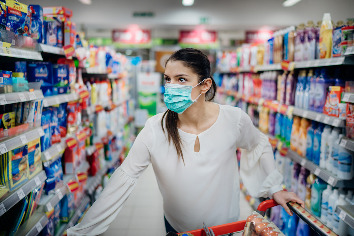 Woman wearing protective mask at supermarket