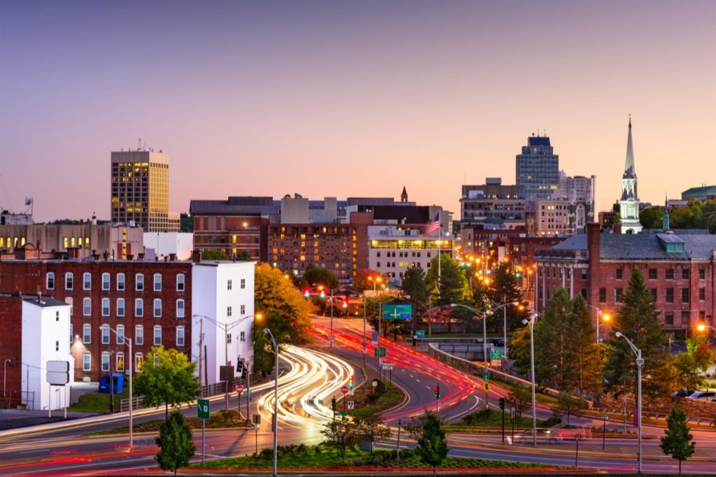 city skyline and fast moving traffic in Worcester, Massachusetts