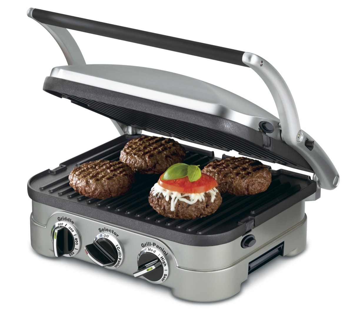 Tabletop grill with burgers cooking