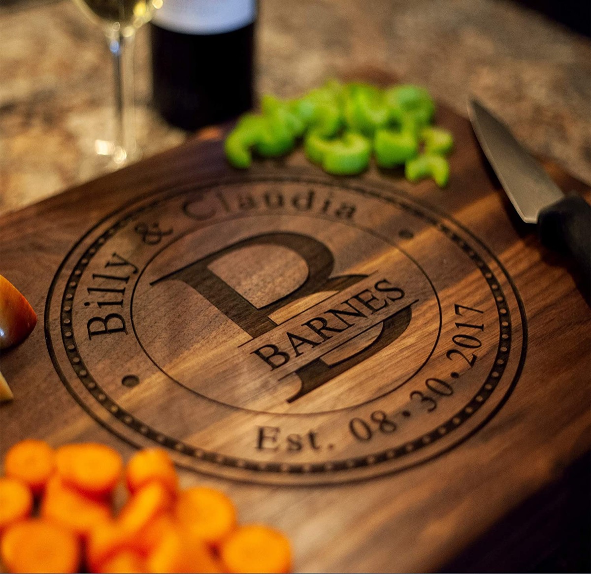 Cutting board engraved with couple's names