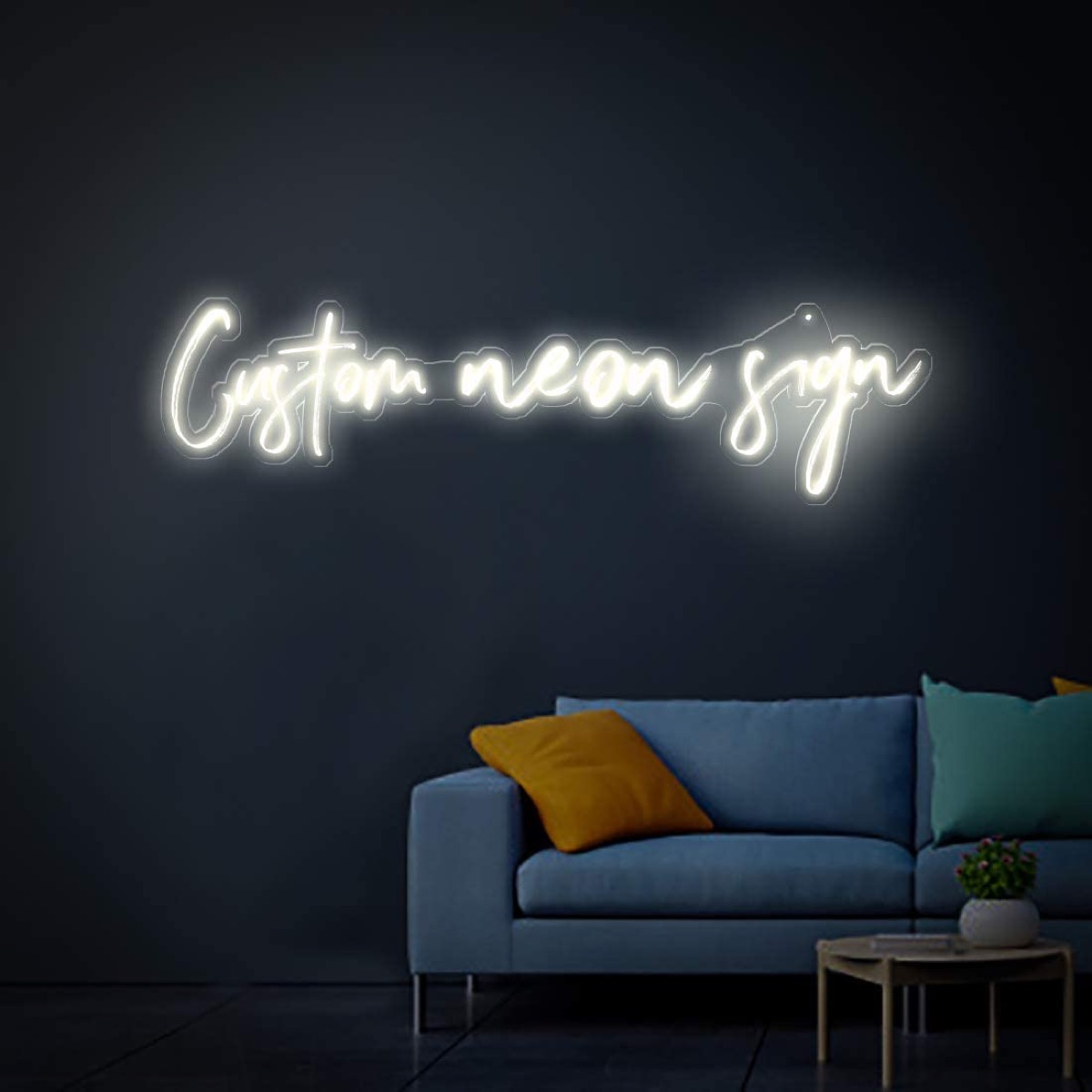 Neon light sign above couch