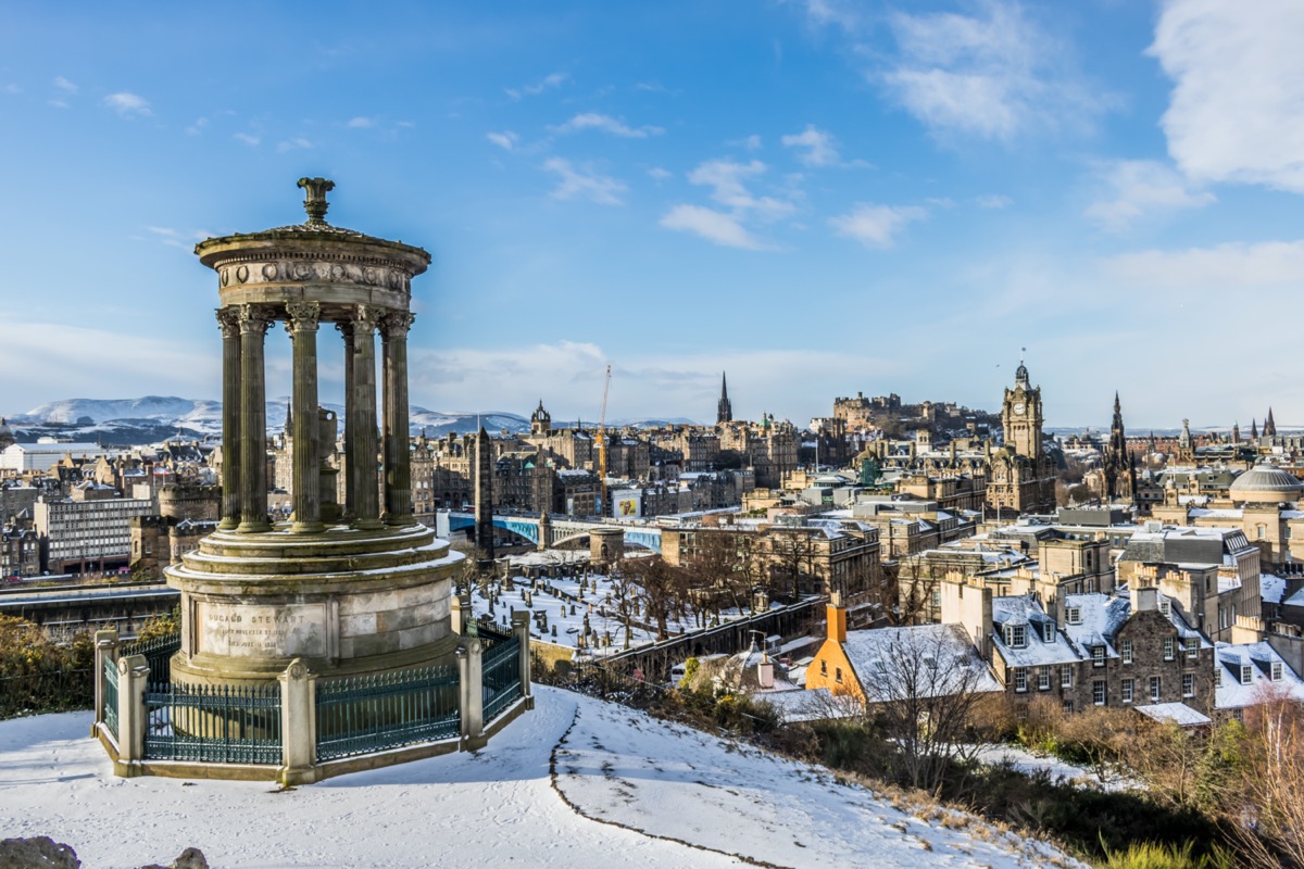 Aerial view of snow-covered Edinburgh Scotland