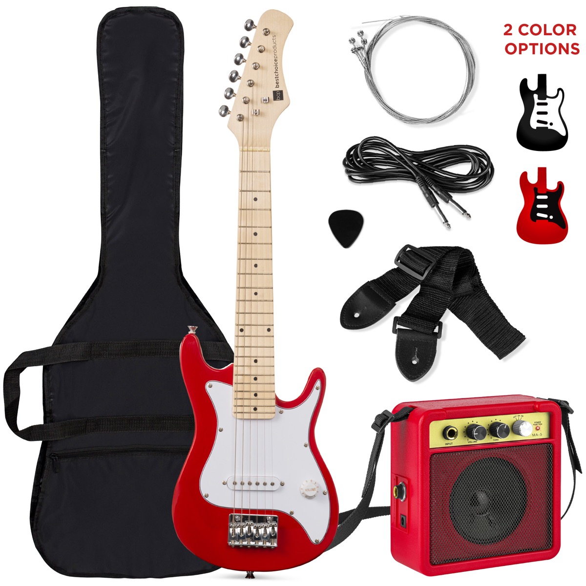 Red electric guitar with accessories