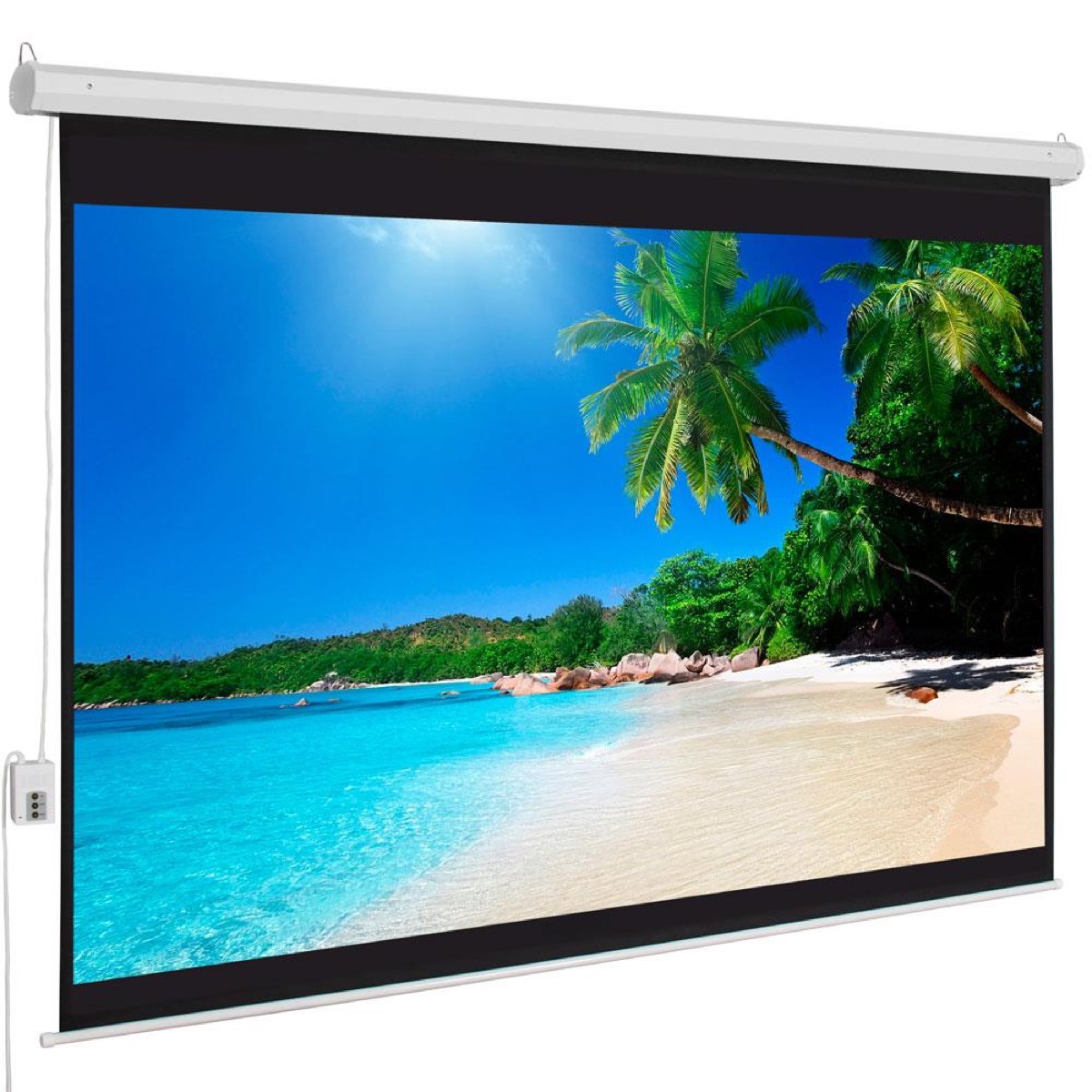 Motorized projector screen with beach image