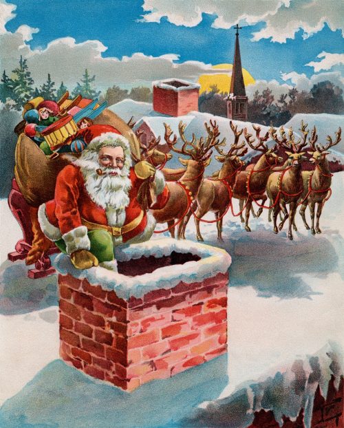 Vintage illustration of Santa and reindeer on a rooftop