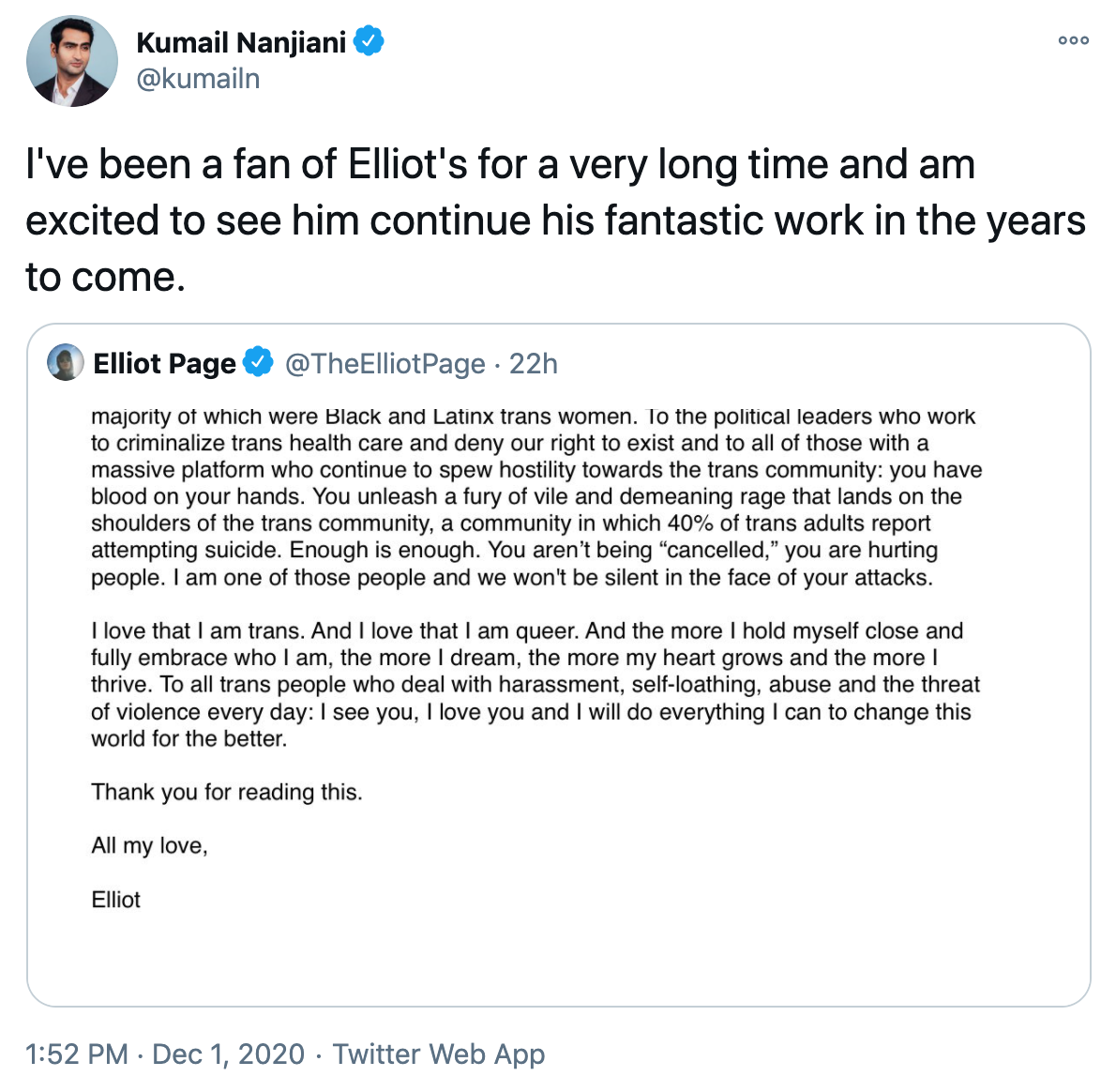 Kumail Nanjiani tweet about Elliot Page