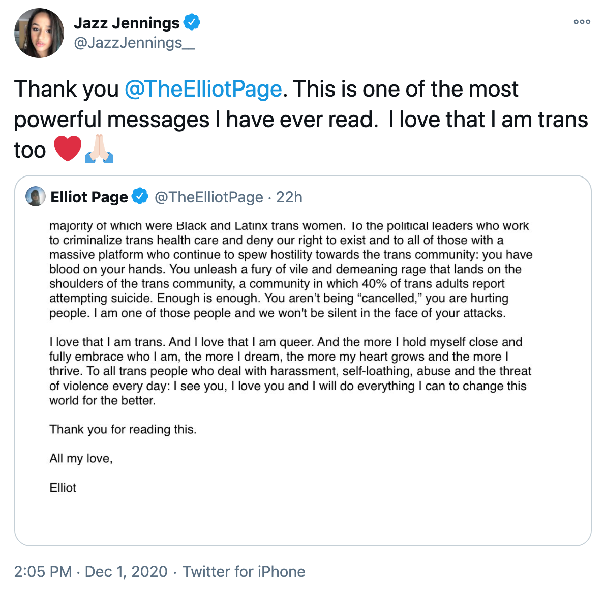 Jazz Jennings tweet about Elliot Page