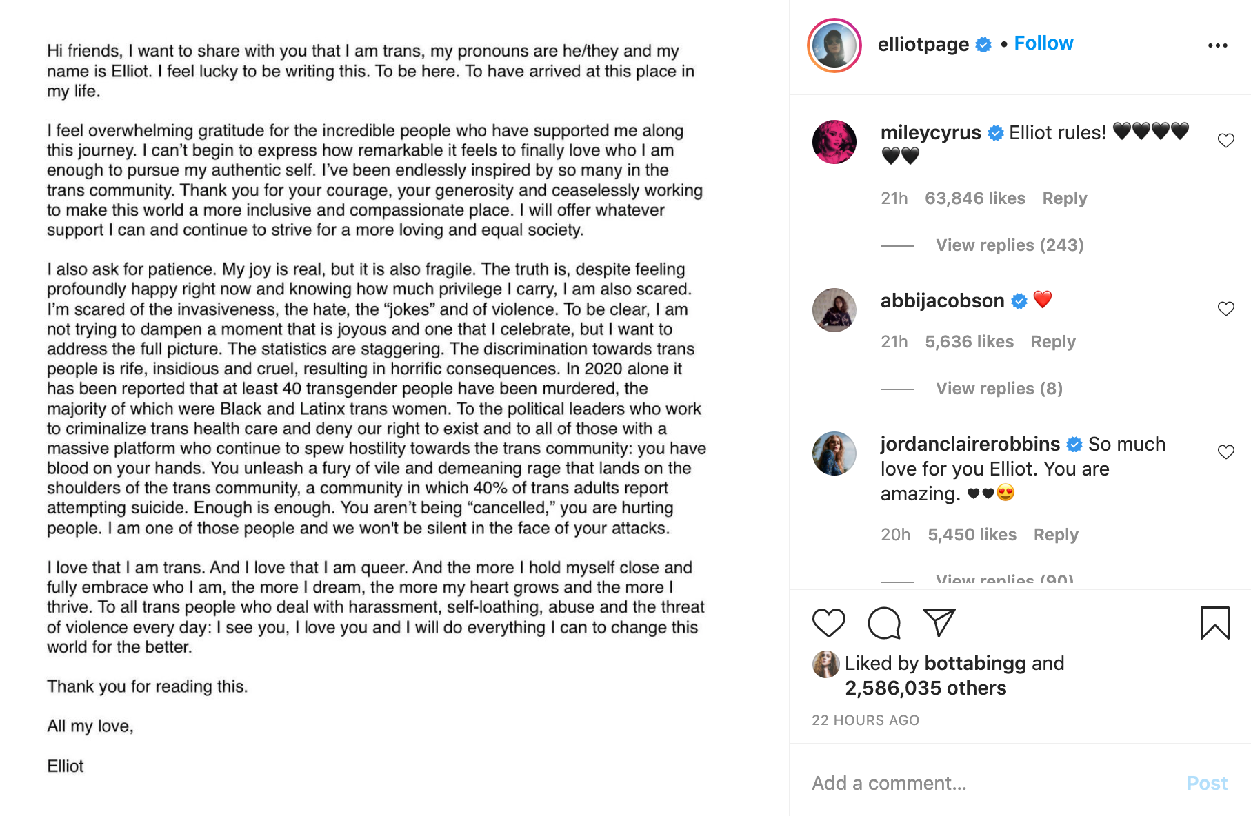 Elliot Page coming out letter on Instagram