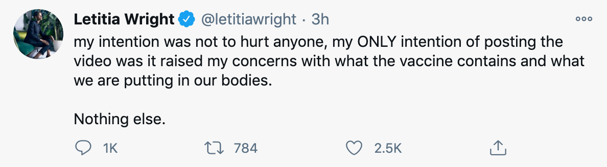 Letitia Wright tweet about vaccine