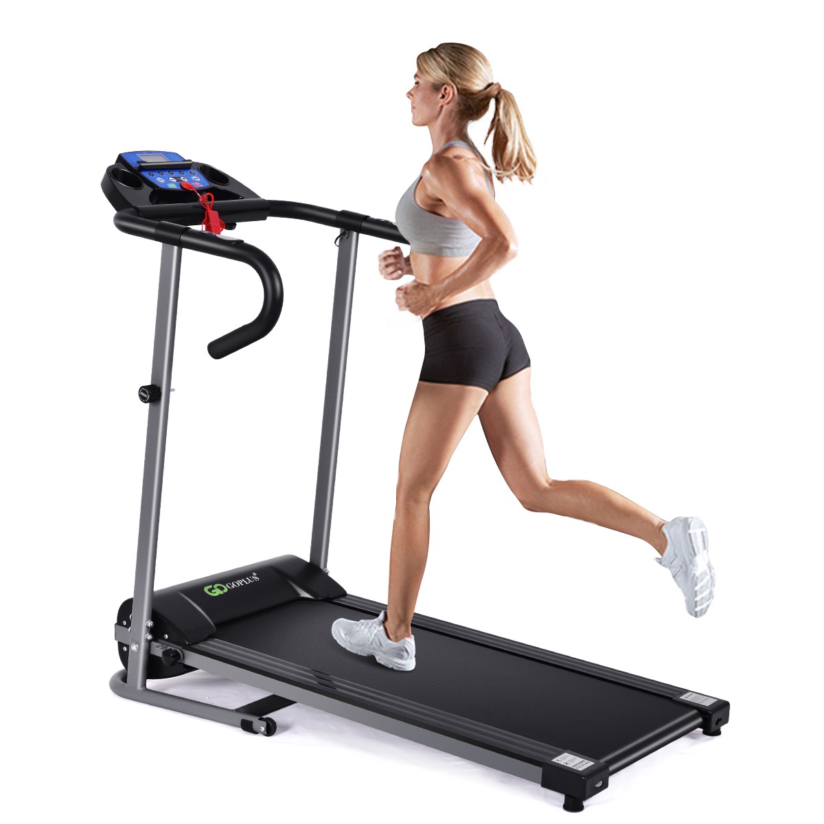 Woman running on folding treadmill