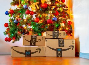 amazon prime boxes under christmas tree