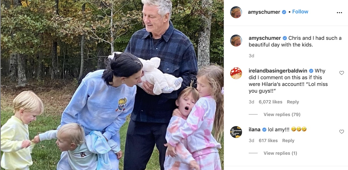 amy schumer posts photo pretending to be hilaria baldwin and kids