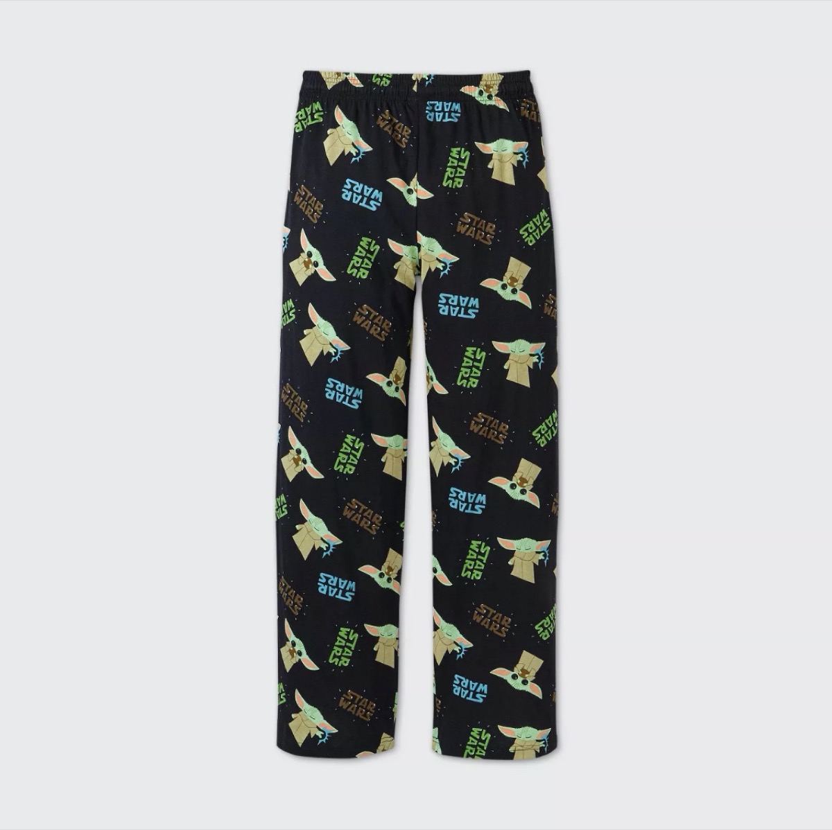 black pajama pants patterned with baby yoda