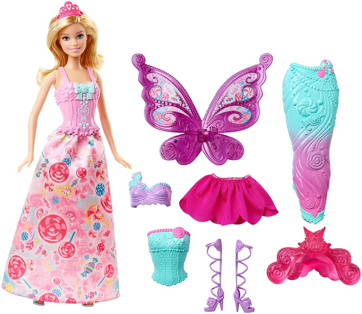 barbie doll with blonde hair and fairy wings and a mermaid tail