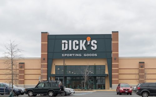 the outside of and parking lot next to a Dick's Sporting Good in Philadelphia, Pennsylvania