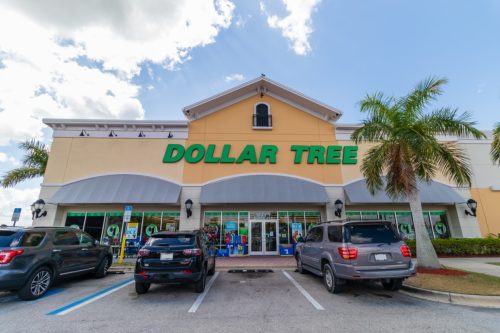 the outside of and parking lot in front of a Dollar Tree Store in Fort Myers, Florida