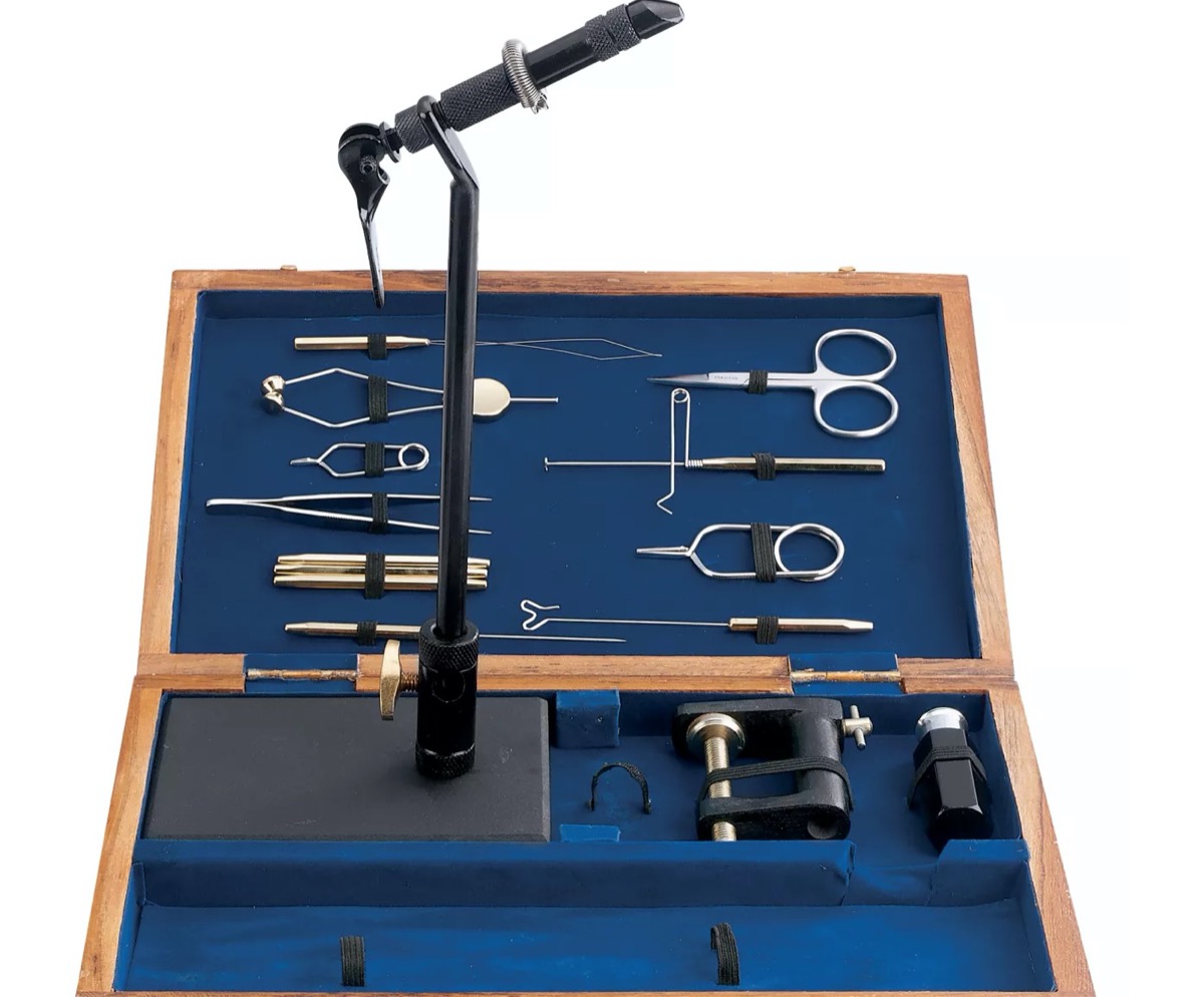 wooden fly tying kit with blue interior