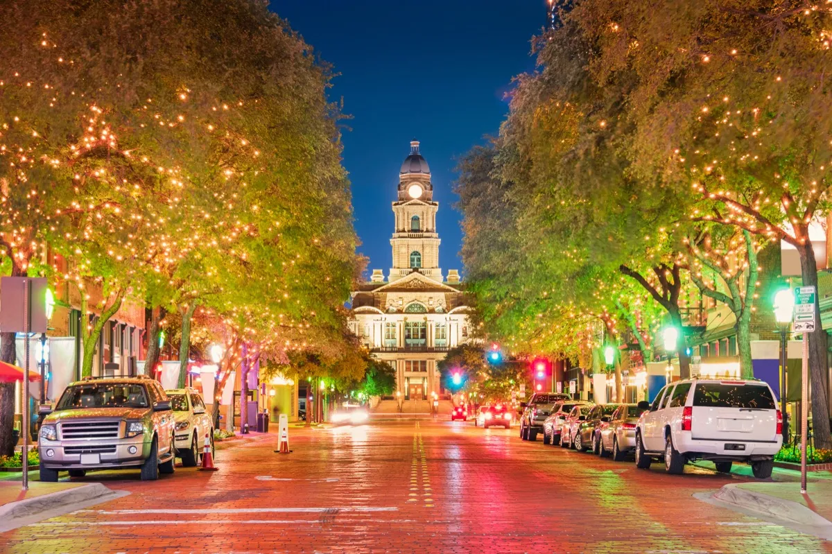cityscape photo of courthouse building and illuminated street in Forth Worth, Texas