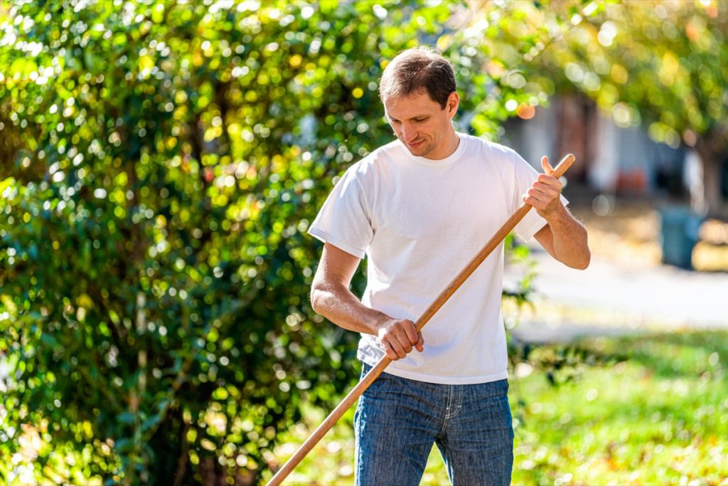 middle-aged man raking in yard