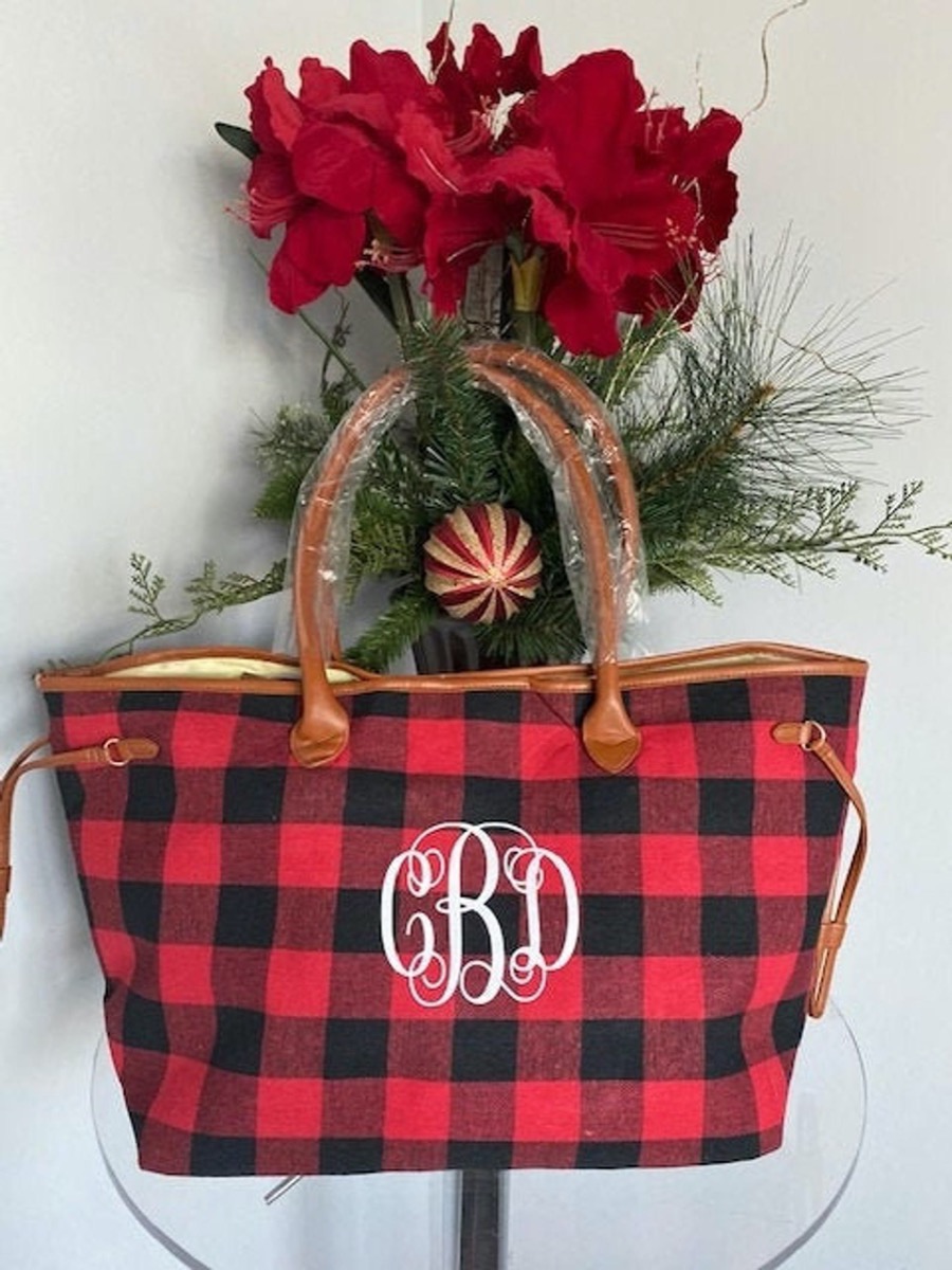 red plaid tote with white monogram