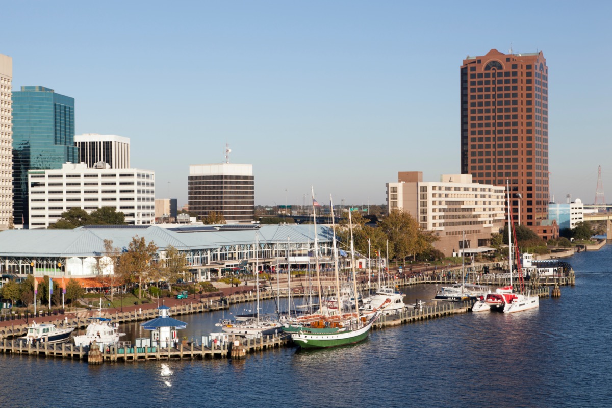 cityscape photo of buildings next to and boats on a lake in Norfolk, Virginia