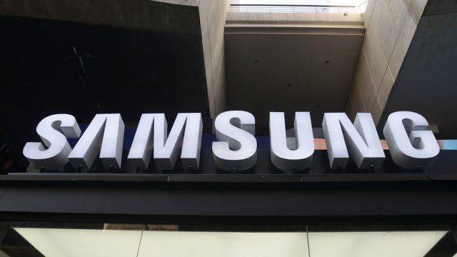 Logo of Samsung Galaxy at the top of building.